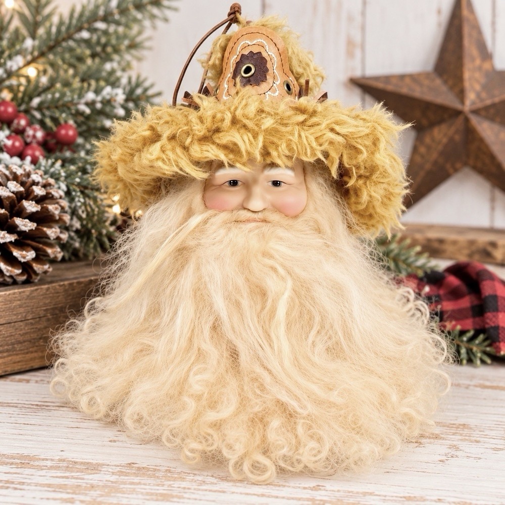 Western Cowboy Santa Ornament Faux Fur Beard Hat Rustic Cabin Christmas Large 8"